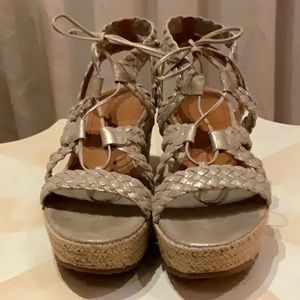 Trask pewter color wedge lace up sandals, size 10